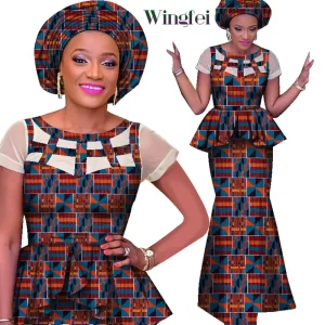 African Clothes for Women 2 Pieces Set Short Sleeve Top Shirt and Long Skirt with African Headwrap Dashiki Women Attire
